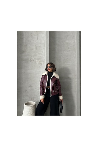 Verymoda Lamine Deri Fermuarlı F1511 Bordo Krem
