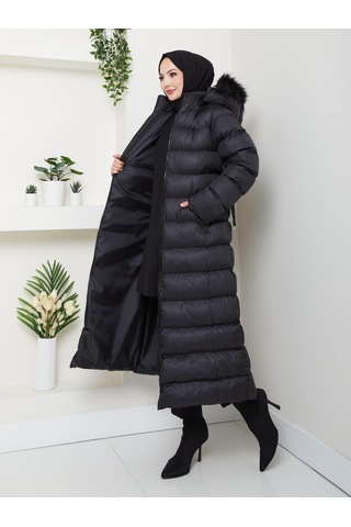 Hb Harma Time Butik Kadın Bel Kemerli Kapüşonlu Uzun Şişme Siyah Mont