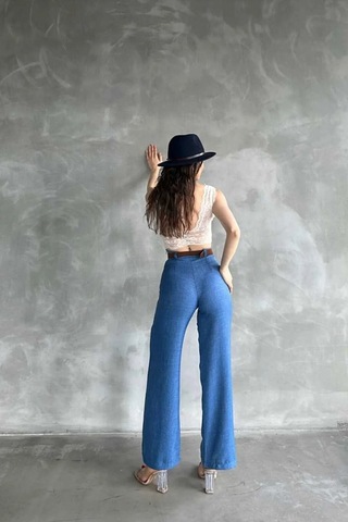 Tane Tasarım Kadın Yazlık Trend Beli Kemerli Keten Pantolon Mavi Mavi