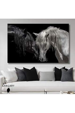 Tekli Yatay Kanvas Dekoratif Duvar Tablosu Siyah Beyaz At, 40 X 30