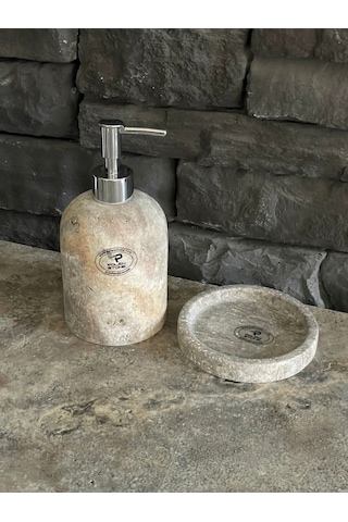 Yeni Silver Traverten Doğal Taş Tepsili Sıvı Sabunluk Seti Beyaz
