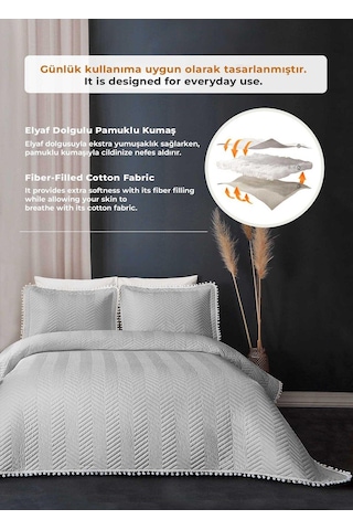 Evlen Home Ollie %100 Pamuk Yatak Örtüsü Pike Takımı Çift Kişilik Ponponlu Kapitone Günlük Gri