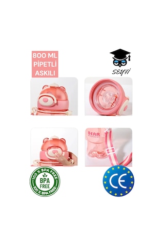800 Ml Policarbon Ayıcık Desenli Matara Suluk Pipetli Bpa İçermez 2027 Çok Renkli