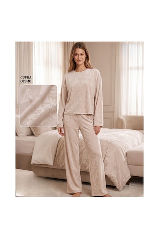 Mihra Kadın Oysho Bisiklet Yaka Uzun Kol Desenli Baharlık Pijama Takımı 20104eg - 1 Adet Ekru