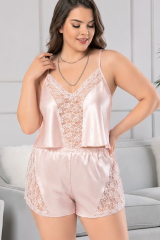 Loule Büyük Beden Somon İnce Askılı Dantelli Şortlu Pijama