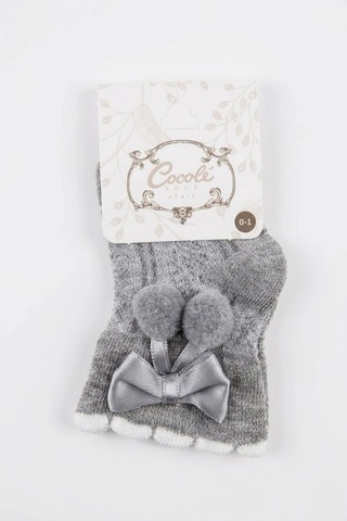 Cocole Socks Kız Çocuk Aksesuarlı Soket Çorabı Tekli Pamuklu Ponponlu Gri Desenli