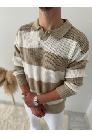 Say-Has Fashion Rahat Kalıp Erkek Polo Yaka Çizgili Triko Kazak Bej