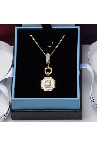 5mm Kare Zirkon Taşlı Beyaz Mineli Gold Rengi Gümüş Kadın Kolye Gold