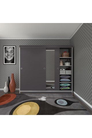 Kenzlife Gardırop Sürgülü Kapaklı Kapılı 200 Papatya Gri Aynalı Gardolap Dolap