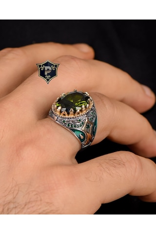 925 Ayar Gümüş Erkek Yüzüğü Peridot Taşlı Zirkon Taş Süslemeli