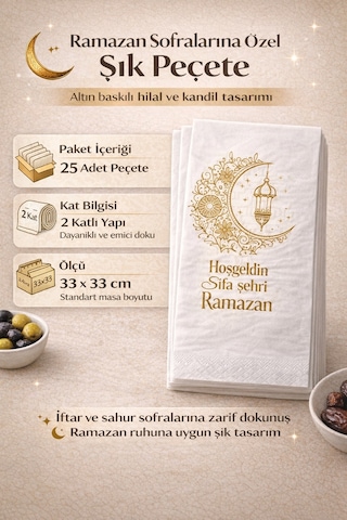 Gold Desenli Ramazan Sofra Peçetesi 25li İftar Ve Sahur Masaları İçin Dekoratif Peçete 33x33 Cm - Bgaramazan0032