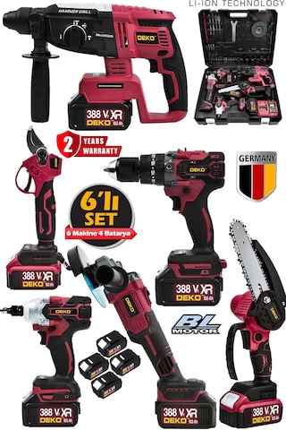 Deko Turkey DK6SET 4 Akülü 6'lı Muhteşem Kırıcı Delici + Darbeli Matkap + Taşlama + Somun Sıkma Budama Set
