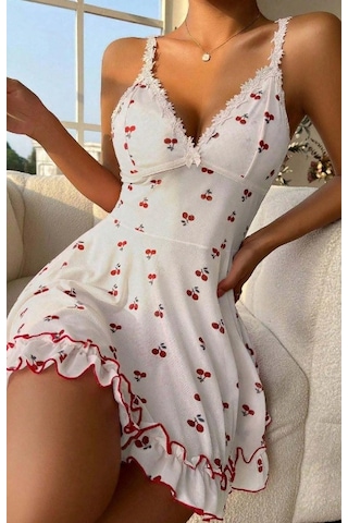 Albonishop Kadın Beyaz Kiraz Baskılı Mini Elbise Askılı Şık Elbise