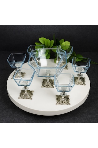 Elta Collection Karen 7 Parça Döküm Gümüş Ayaklı Sunumluk Seti Magnolia Dondurmalık Cup Ve Salata Kase Seti gümüş