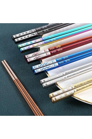 Agoodshop Mavi Paslanmaz Titanyum Altın Kare Yemek Çubukları Ev Otel Seti Hediye Kutusu Mavi Mavi