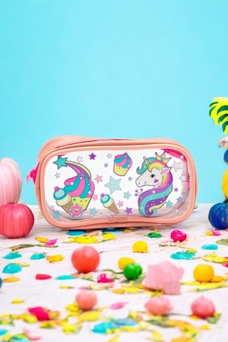 01112 Pembe Renk Unicorn Desenli Şeffaf Su Geçirmez Tek Bölmeli Kalem Kutusu