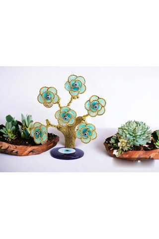 Feng Shui Nazar Boncuğu Çiçeği Hayat Ağacı Biblo Servet Çakra Şans Ağacı Mavi Göz Gül Ağacı 15 Cm. 44630224