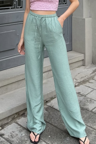 Pembe Keten Karışımlı Bol Kesim Pantolon Nil Yeşili