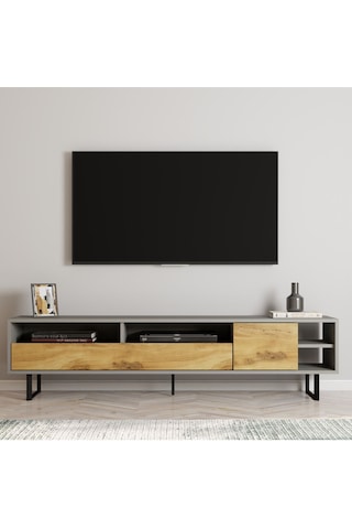Luga Kapaklı Tv Ünitesi, Tv Sehpası - Metal Siyah Ayak - Gri/traverten - Sis Gri/kilim Sis Gri/kilim