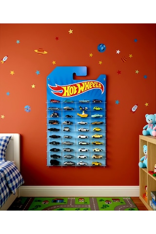 Hotwheels Temalı 40 Arabalık Duvar Rafı Kartonet Gorunumlu 1/64 Diecast Araba Dekoratif Düzenleyici Stand Çok Renkli