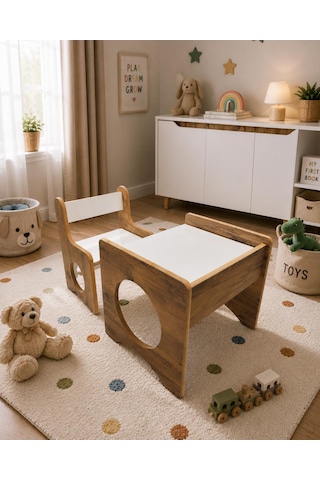 Pema Home %100 Mdf Montessori Aktivite Masası, Çocuk Oyun Çizim Masa Sandalye Takımı Kahverengi