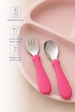 Babyjem Paslanmaz Çelik Bebek Çatal Kaşık Seti - Pembe