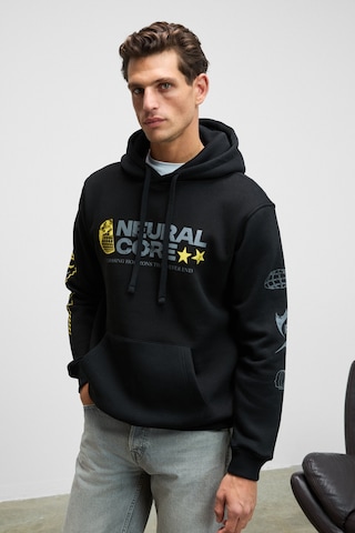 Grımelange Cornelıus Erkek Önü Ve Kolları Baskılı Kapüşonlu Kordonlu Kanguru Cepli Siyah Sweatshirt Siyah