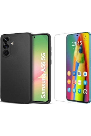 Samsung Galaxy A56 Uyumlu Kılıf Esnek Silikon Telefon Kılıfı Ve Temperli Cam Ekran Koruyucu Siyah
