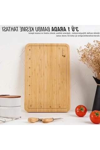 3'ü 1 Arada Bambu Kesme Tahtası, Doğrama, Kesim Cetveli Ve Tepsi Fonksiyonu 25 X 35
