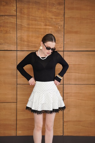 Verymoda Puantiyeli Dantel Detaylı Saten Etek D2962 Krem