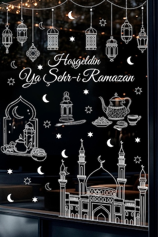 Ramazan Cam Sticker Seti Hoşgeldin Ya Şehr-i Ramazan Yazılı, Çift Taraflı Şeffaf Pencere Süsü Dijital Baskı
