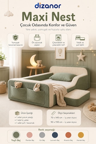 Dizanor Maxi Nest %100 Sünger Montessori Çocuk Karyola Baza Başlık Ve Yatak Seti Yeşil Fitilli 70 X 140