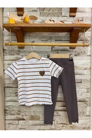 Aysbebe Kalp Nakışlı Çizgili Tişört + Tayt Buzi Kumaş Takım Kahverengi