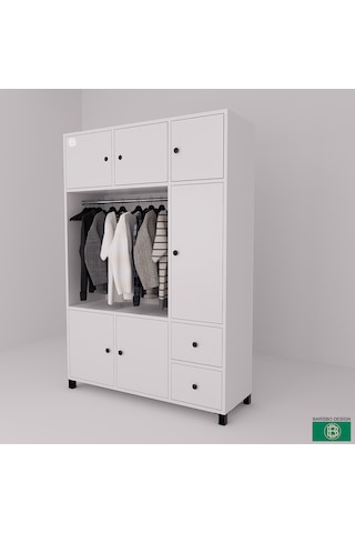 Elbise Dolabı Beyaz 6 Kapaklı 2 Çekmeceli Askılı