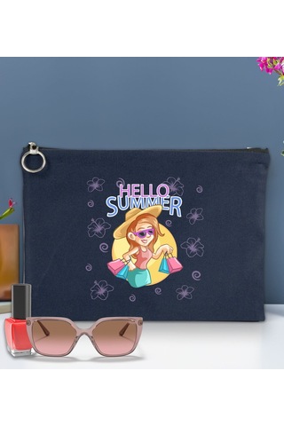 Bk Gift Yaz Temalı-2 Astarlı Lacivert Portföy Çanta 30x21cm, Baskılı El Çantası, Organizer Çanta