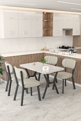 Gnr 70x110cm Sabit Beyaz Mutfak Masası Takımı, Yemek Masası, 4 Modern Krem Sandalye Krem