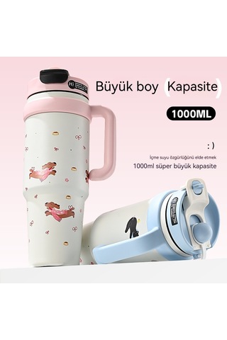 Jian Fan Termos Kupası Kız Çocuk Büyük Kapasiteli Buz Bardağı Hasır Bardak - Kırmızı Kırmızı