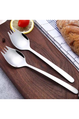 Xindoker Yenilikçi Çelik Uzun Saplı Salata Ve Tatlı Kaşığı Seti - 2 Adet, 19 Cm, 304 Paslanmaz Çelik, Çevre Dostu Gümüş