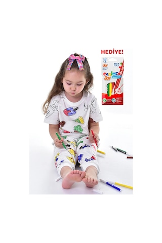 Zuzunga En Sevimli Figürleri Özel Kalemi İle Boyanabilir Yıkama Sonrası Leke Bırakmaz Çocuk Pijama Takımı - Beyaz