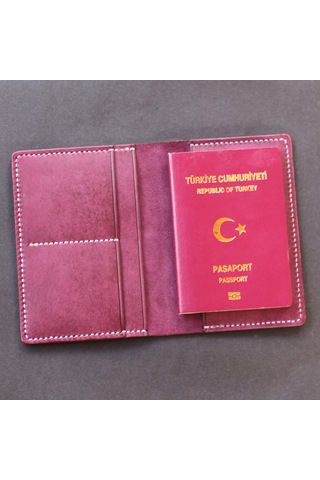 Leather Craft Hakiki Deri Isme Özel Pasaport Kılıfı - Mor