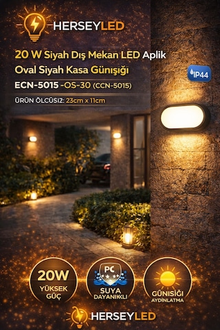 20 W Siyah Dış Mekan Led Aplik Oval Siyah Kasa Günışığı Ecn-5015 -os-30 Gün Işığı