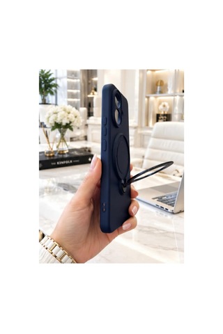 Poco X8 Pro İle Uyumlu 360 Derece Dönebilen Kalın Metal Magsafe Halka Stantlı İçi Kadife Korumalı Ultra Lüx Premium Silikon Kılıf Koyu Lacivert