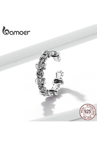 Bamoer 925 Ayar Gümüş Retro Orijinal Gül Çiçek Ve Kafatası Elemanı Ayarlanabilir Yüzük Kadınlar İçin Güzel Takı