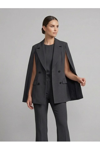 Crystalia Sırtı Taş İşlemeli Ve Pelerin Detaylı Kruvaze Blazer Ceket Gri