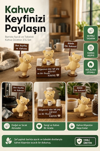 Barista Ayıcık Ve Tabelalı Kahve Dostları 3 Lü Set - Şef Şapkalı Dekoratif Kahve Köşesi Biblo 8