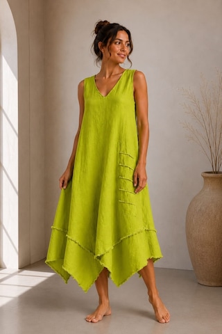 Bb Butik Basic İtalyan Keten V Yaka Asimetrik Salaş Elbise Dm0935 Olive