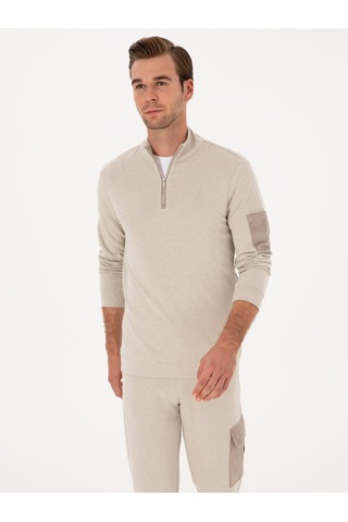 Bej Regular Fit Yarım Fermuarlı Sweatshirt