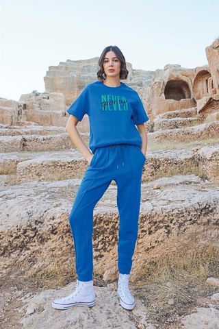 Monamise Kadın Kısa Kollu "never Give Up" Eşofman Takımı 23092 Mavi
