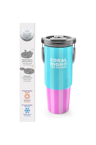 Coral High Renkli Çizgili Desenli Pipetli Ve Direkt İçim Çelik Termos 900 Ml 38747 Çok Renkli