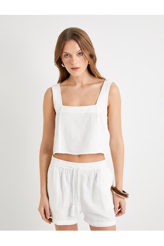 Koton Crop Atlet Kare Yaka Kalın Askılı Pamuklu Beyaz 4sak30021pw Beyaz